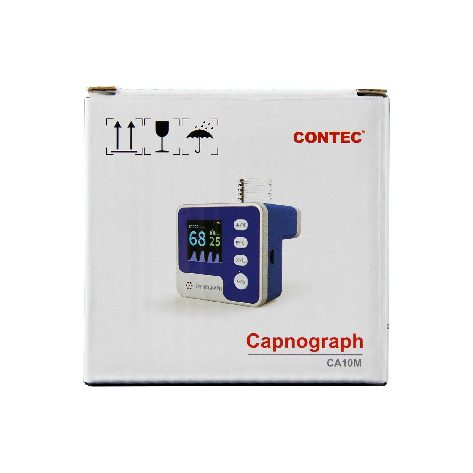 Veterinary CA10M mainstream CO2 capnograph monitor with display, air adapter, and AAA batteries in a handheld design