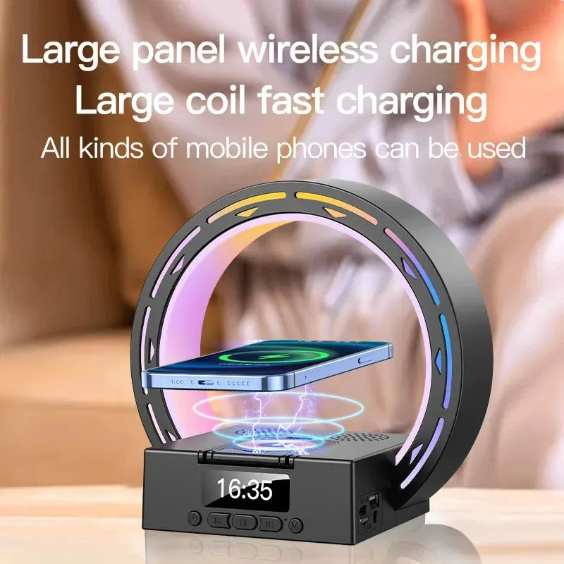 4-in-1 wireless Bluetooth speaker charging pad bedside lamp with alarm clock wake-up light in bedroom
