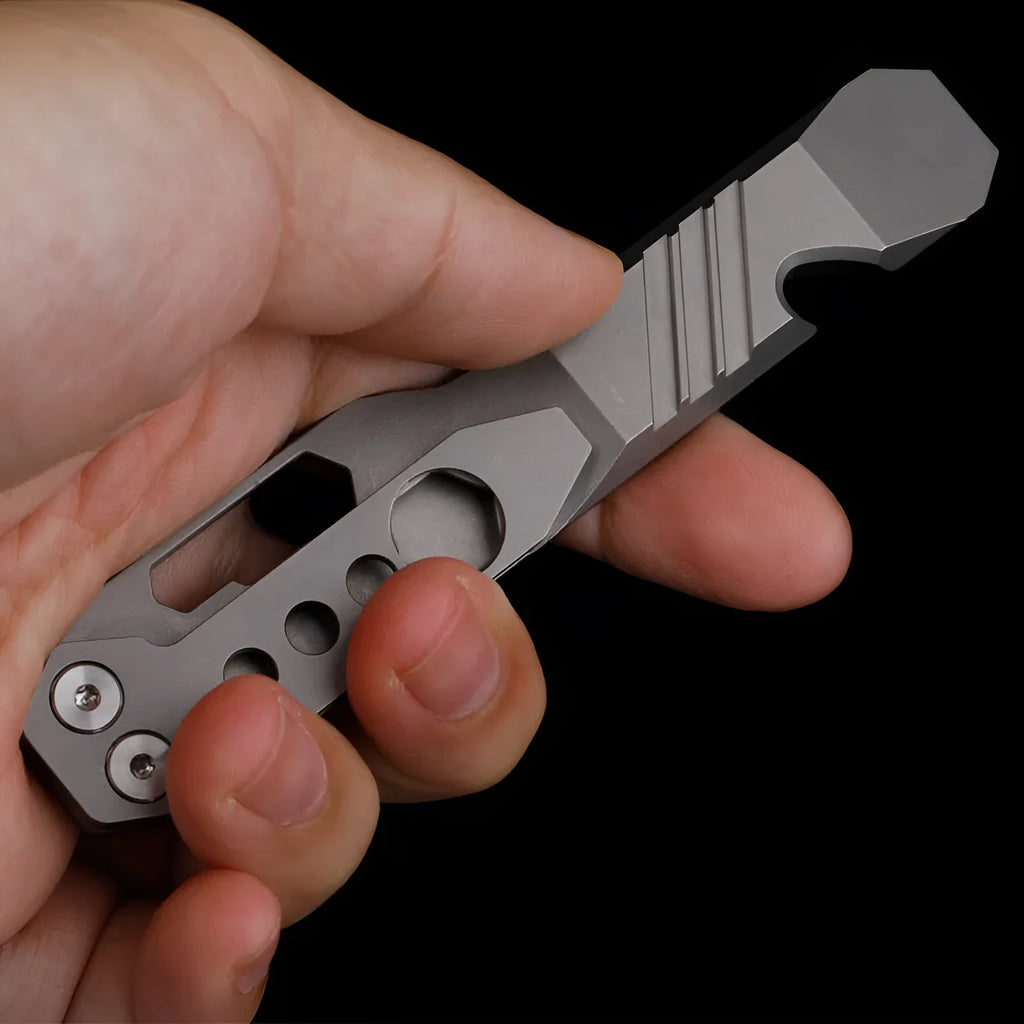 Titanium alloy multi-function crowbar tool with bottle opener in gun grey or stone wash finish