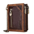 Brown genuine leather men's wallet with chain detail and RFID anti-theft protection