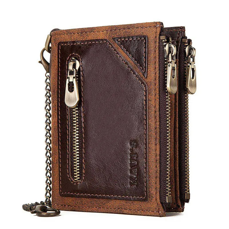 Brown genuine leather men's wallet with chain detail and RFID anti-theft protection