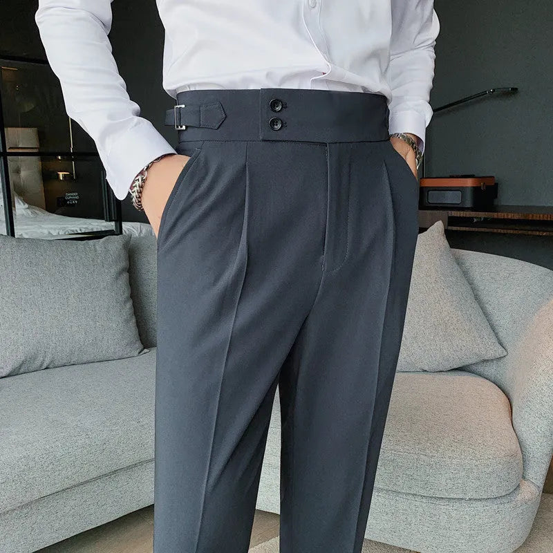 Straight-leg casual polyester trousers on a hanger, shown in a solid colour.