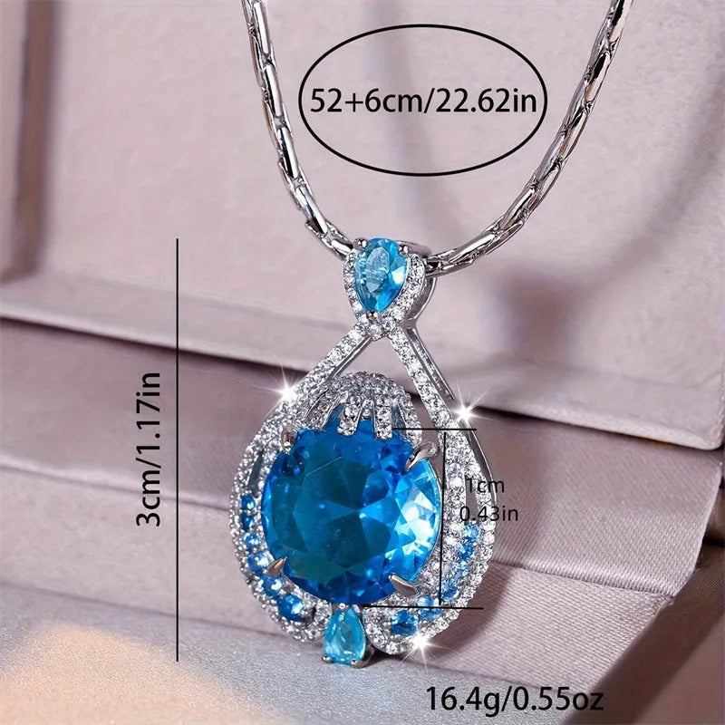 Women's blue crystal geometric necklace with fireworks-cut pendant on water wave chain