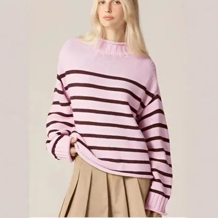 Pink chenille stripe knitted pullover loose fit women's sweater with round neck and long sleeves on white background