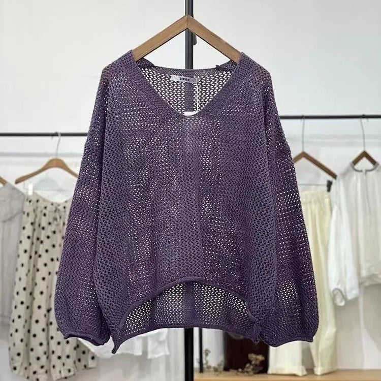 Loose polyester mesh top with 3/4 princess sleeves in green, purple, brown, or apricot white