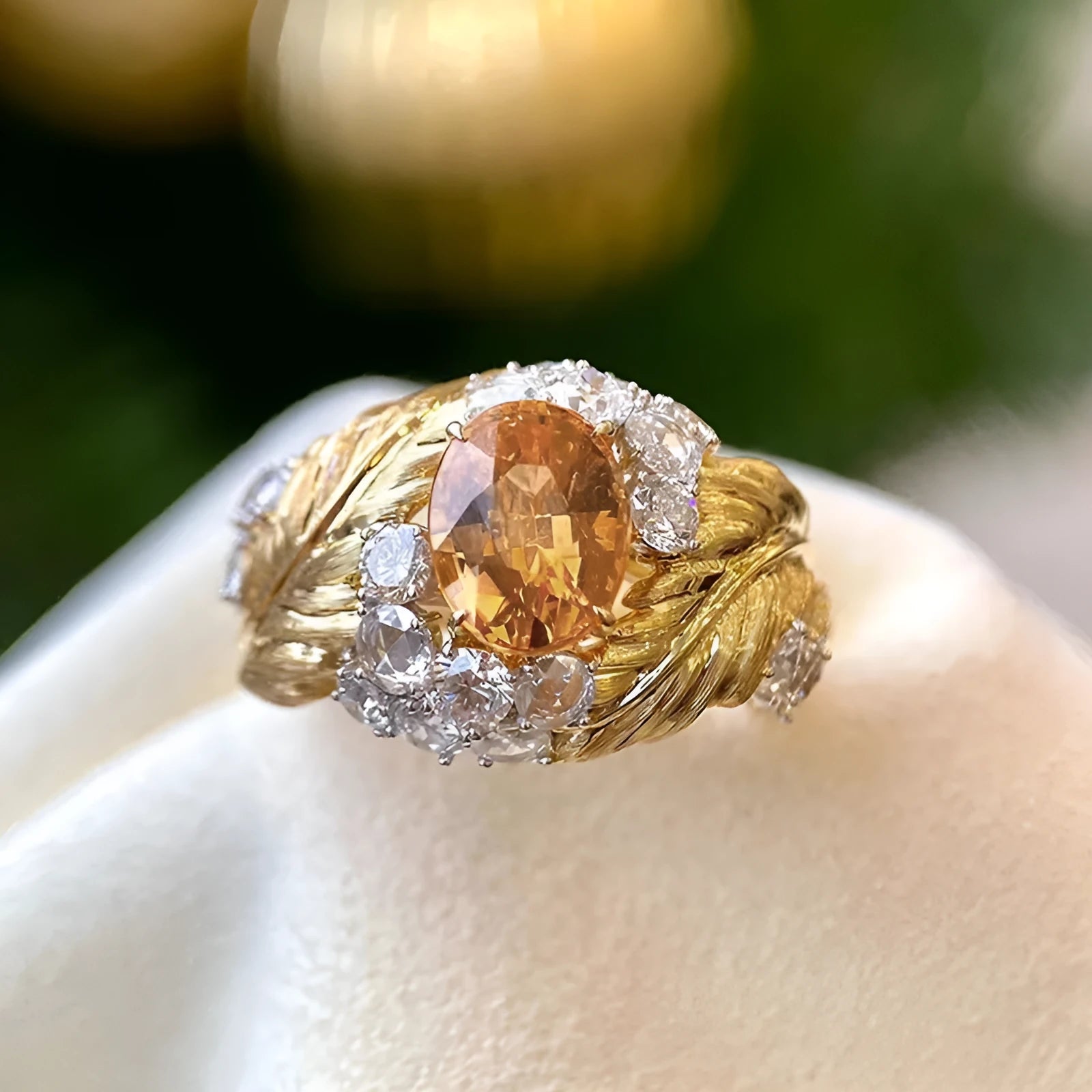 Women's gold embossed feather ring with geometric design and yellow zircon stones