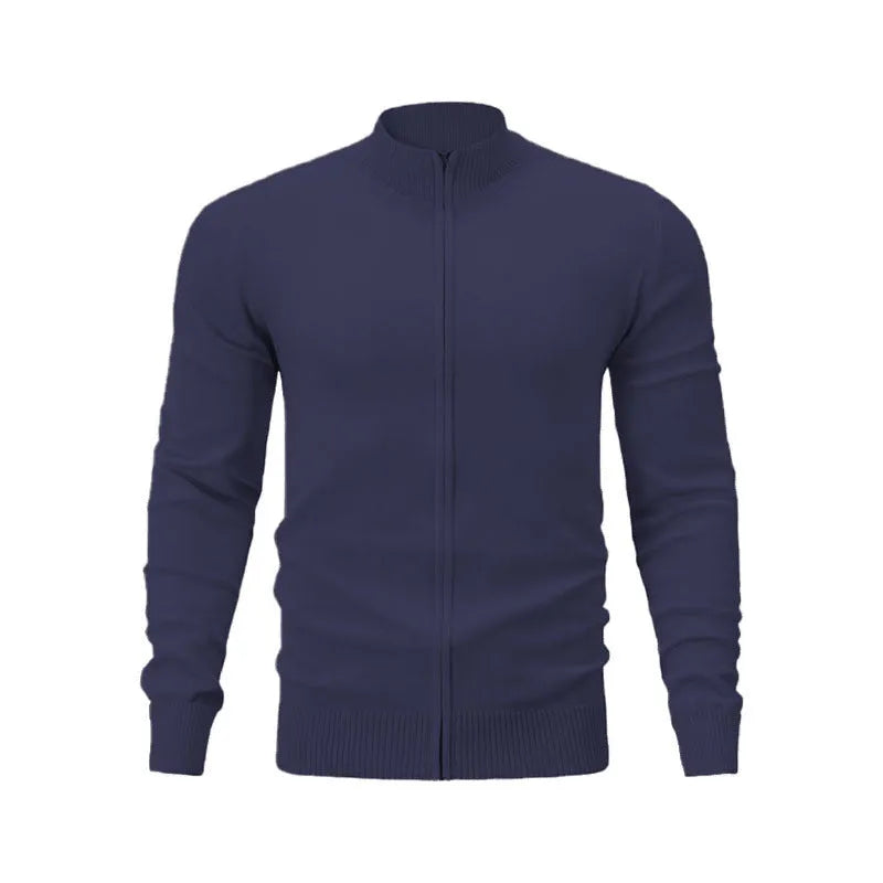 Men's loose-fitting casual zip-front cardigan sweater with a stand collar in a solid colour.