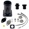 BMW E46 EGR removal pipe kit in black with vacuum plug, stopper plates, and bolts