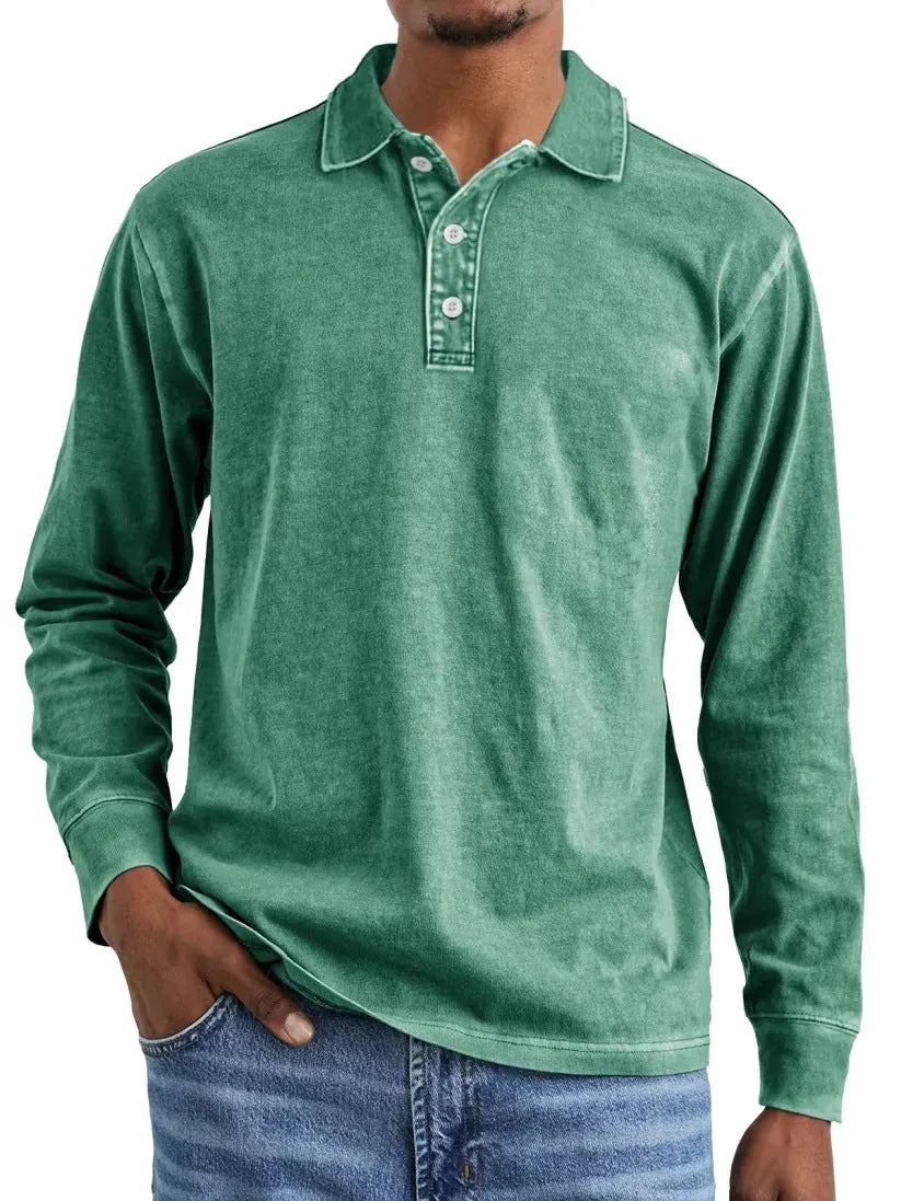 Men's retro washed cotton long sleeve polo shirt with distressed lapel in Army Green colour