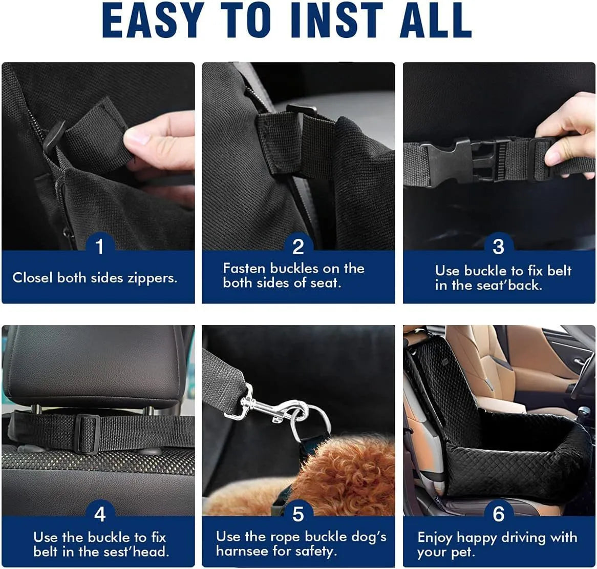 Black breathable pet car hanging bag with waterproof seat cushion for dog travel, compressed size 44x58x6cm