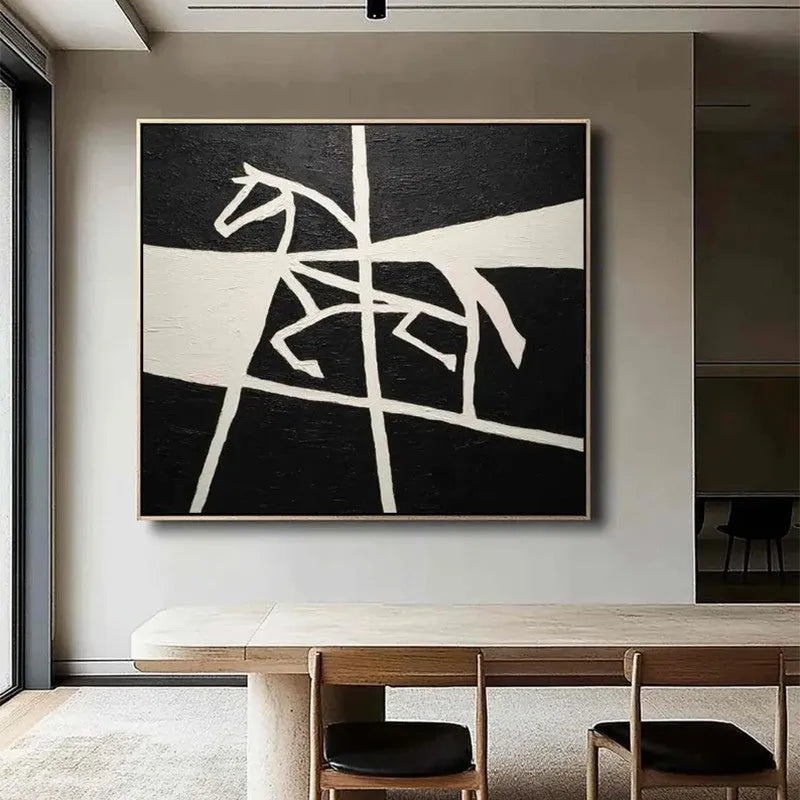 Handmade black and white horse oil painting on canvas, square frameless rolled wall art for home decor