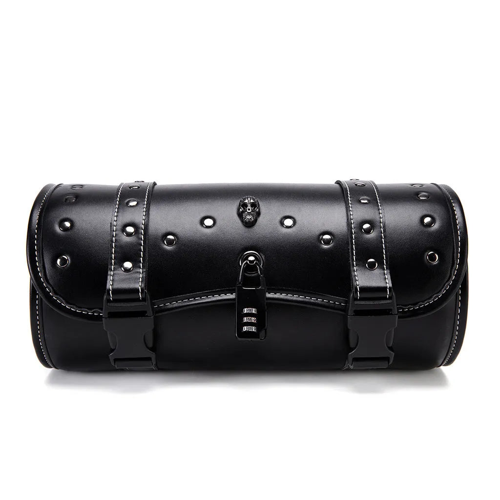 Punk retro style black PU motorcycle pannier bag mounted on a bike.