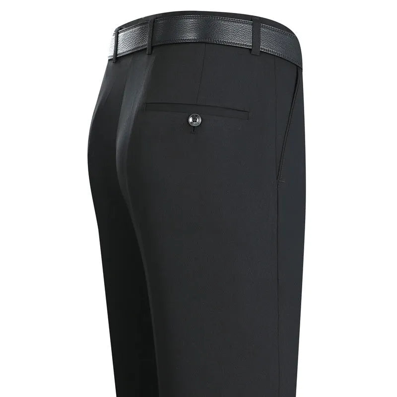 Men's straight leg business trousers in a mulberry silk blend fabric, shown in a dark blue colour.