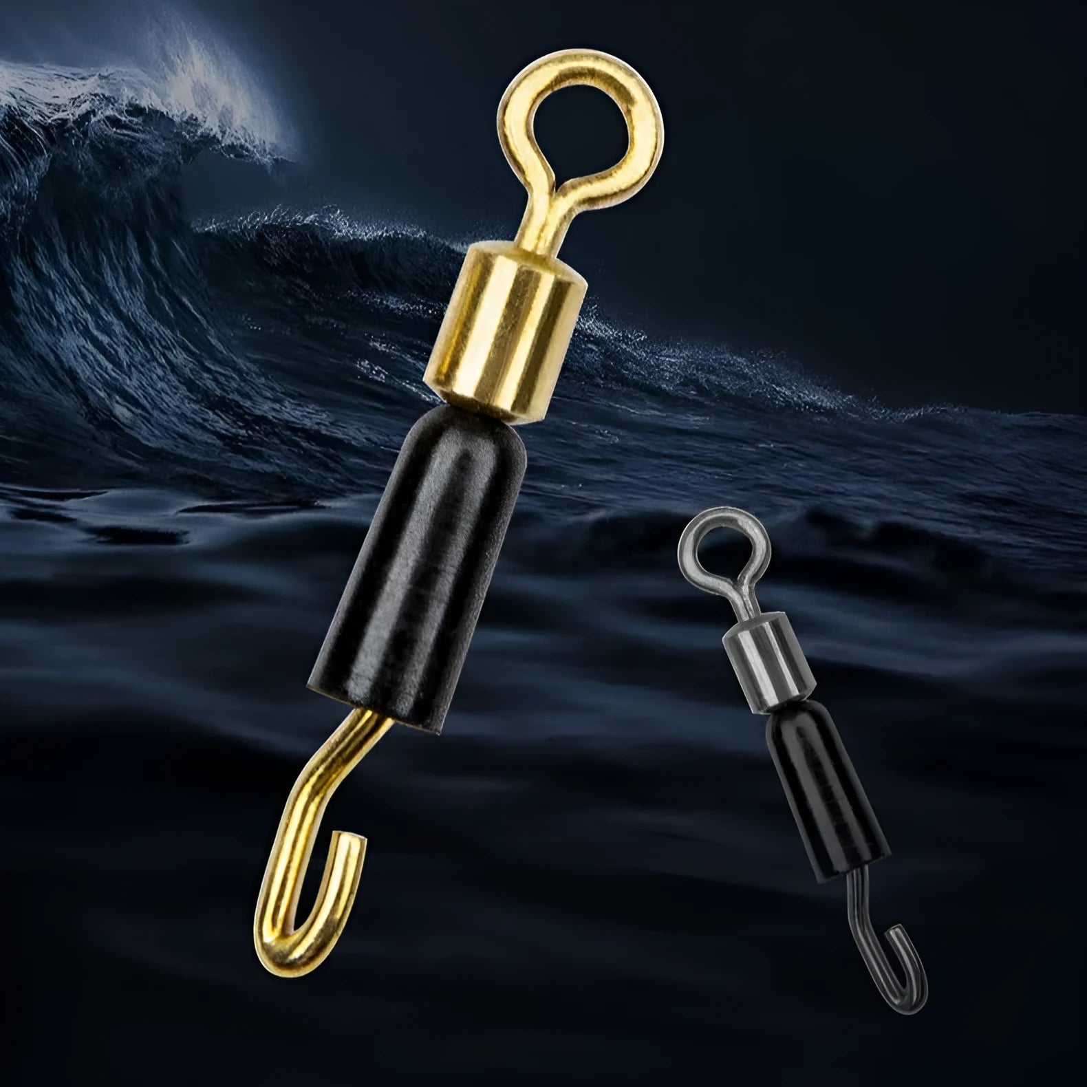 Close-up of a silver wire fishing swivel clip with a black silicone opening, shown next to a fishing lure hook.