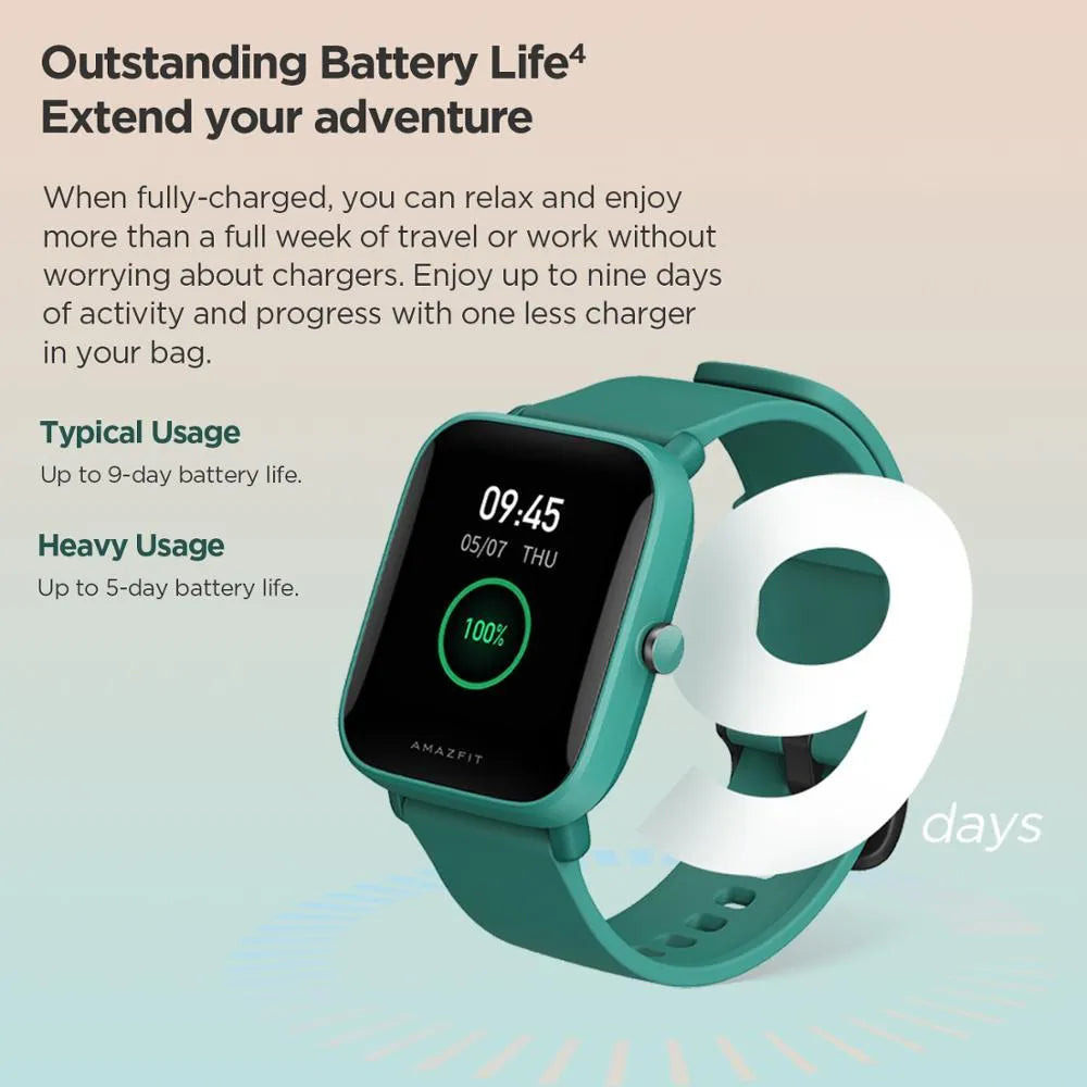 Amazfit smart watch with colour screen on a silicone strap, showing blood oxygen and GPS tracking.