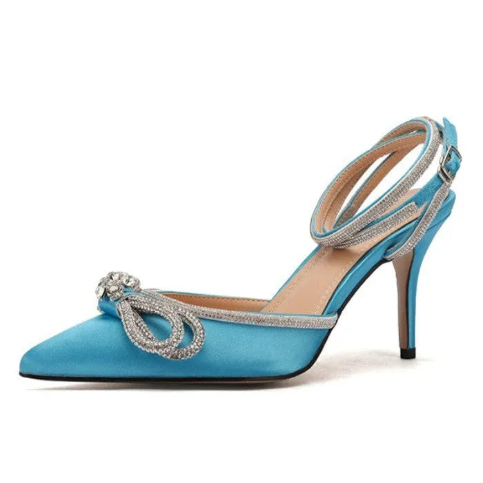 Women's black French-style stiletto heel sandals with silk bandage back strap and buckle fastening