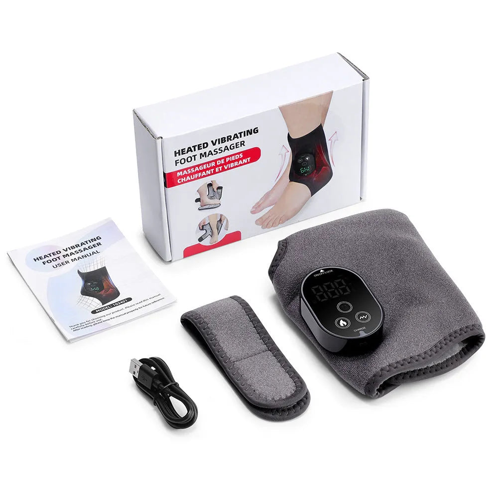 Portable foot massage device with neoprene wrap, heating and vibration, black colour, 46 x 32 cm size