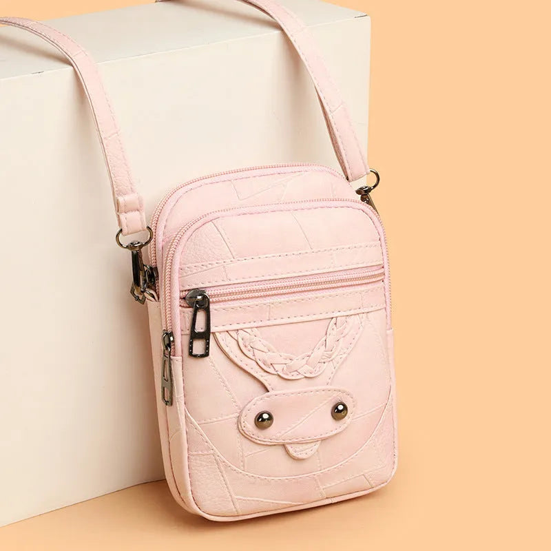Soft PU leather mobile phone bag with square vertical design and retro weaving elements in choice of four colours