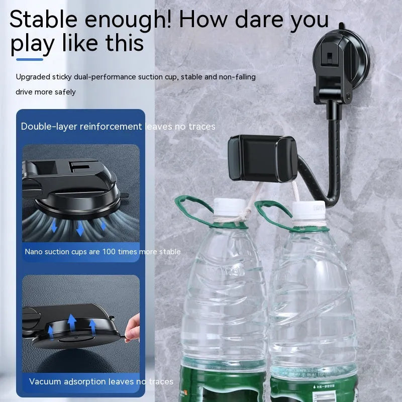 Black rotating metal car phone bracket with multi-angle adjustment for universal phone mounting