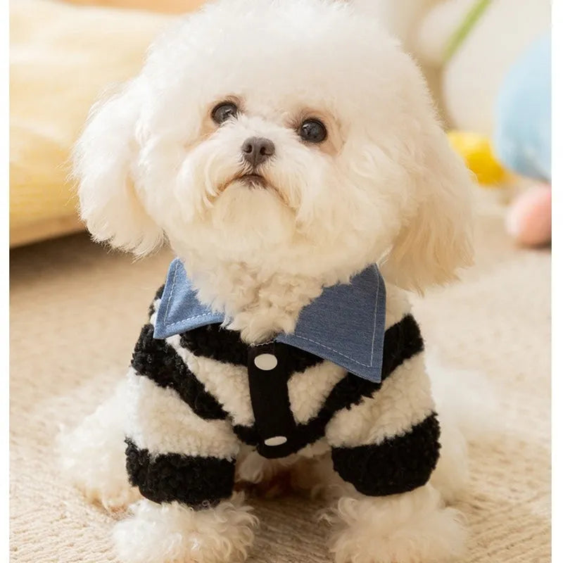 Thick warm winter sweater with leash hole for small dog or cat, striped lamb wool denim, available in black blue and pink