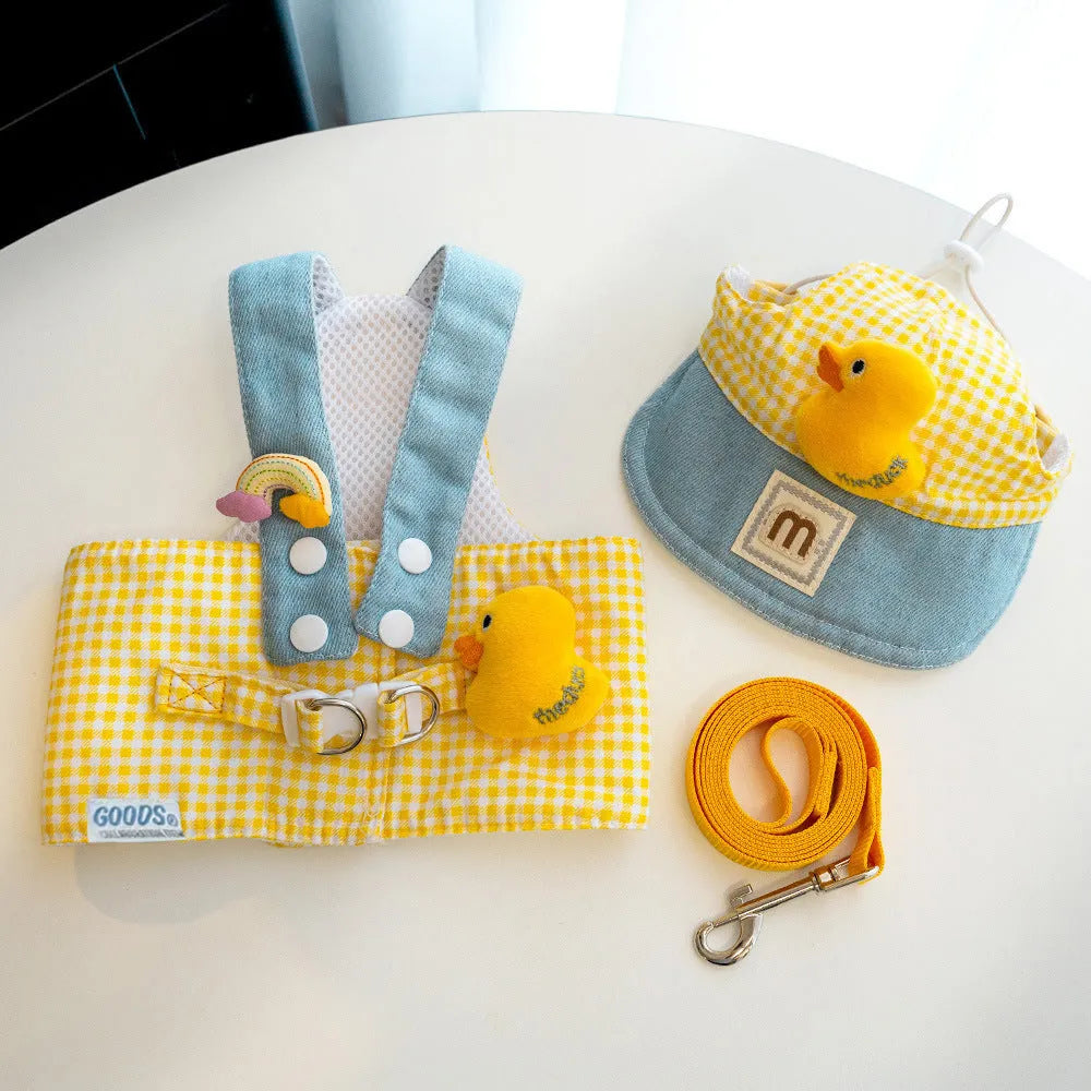 Three-piece pet harness and leash set with wire rope pulling rope and detachable cute hat