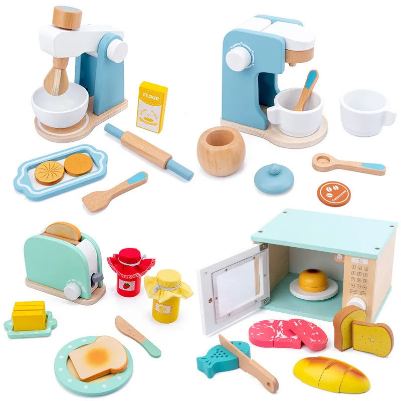 Wooden children play house toy set with Maca Dragon coloured bread maker, coffee maker, and juicer