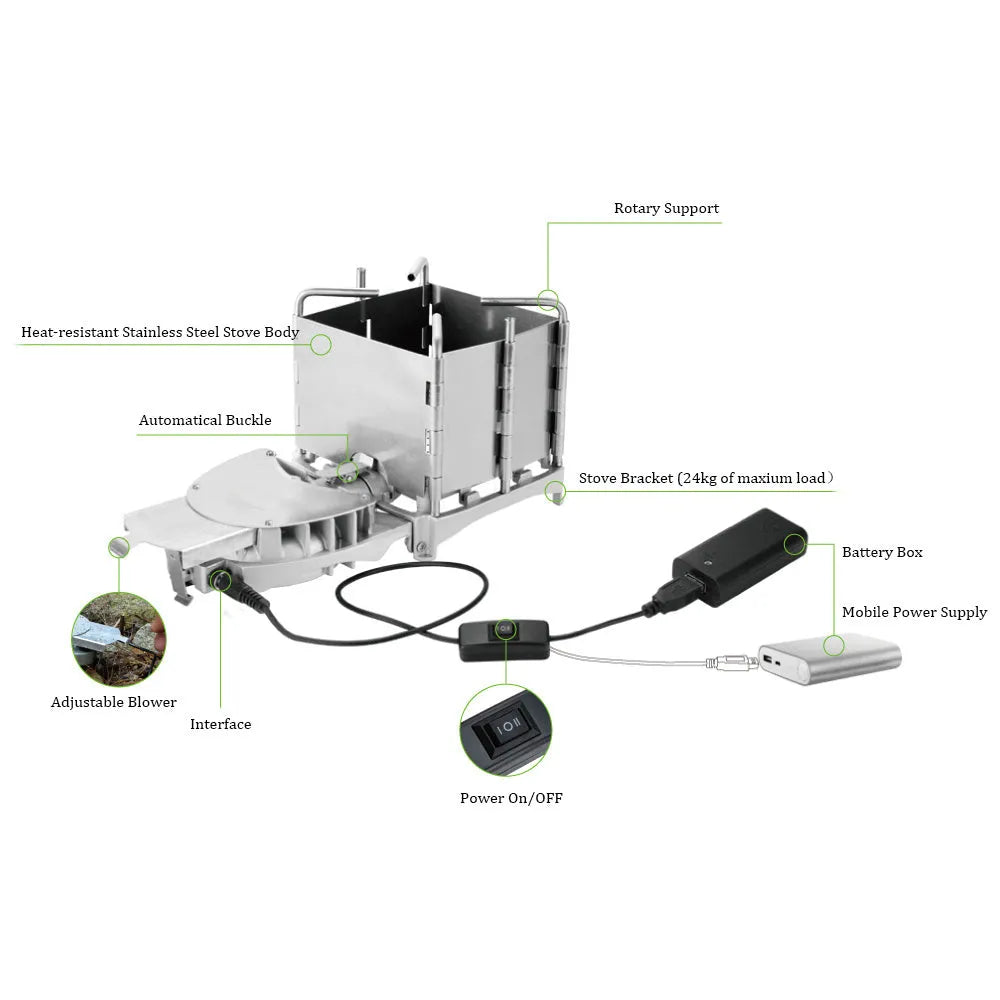 Outdoor portable stainless steel wood stove folding camping stove silver with grill Brs6000w on grass