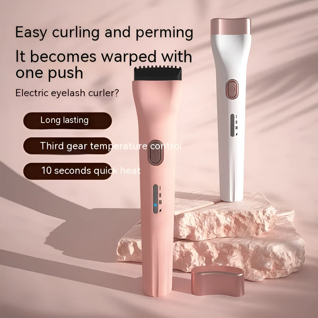 Electric eyelash curler with temperature control and memory function, shown in pink or white, portable lash rolling tool.