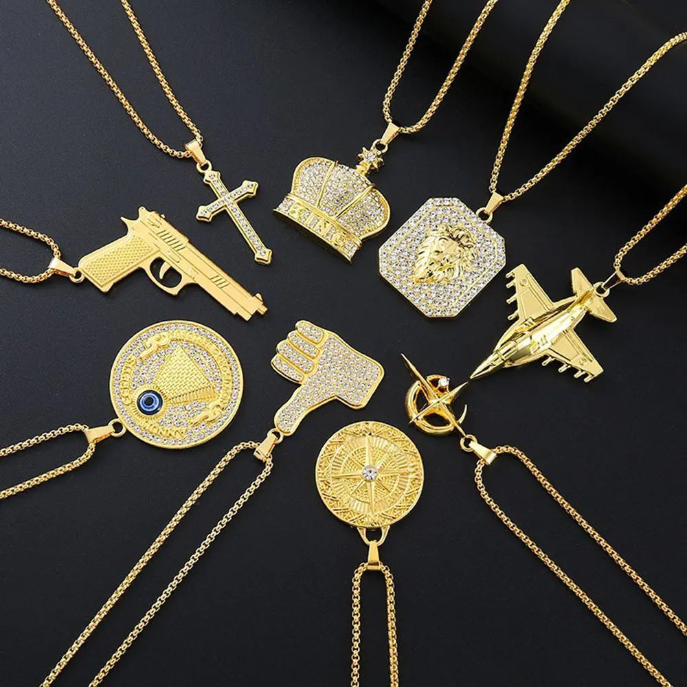 Geometric alloy pendant necklace with inlaid zircon stones in BY0349 gold colour