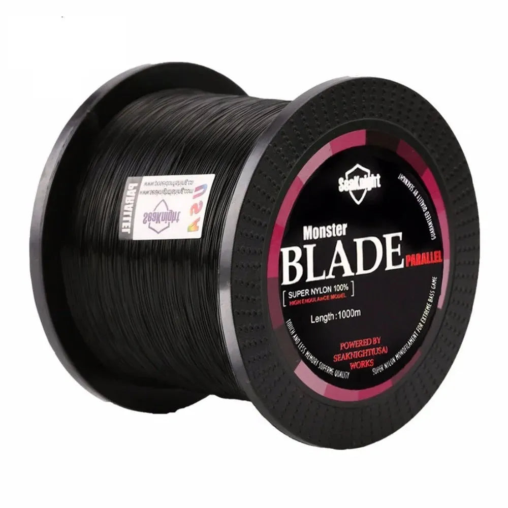 Seaknight 1000 M nylon fishing line spool in black, blue, green, or white, showing available sizes from 0.4 to 8.0.