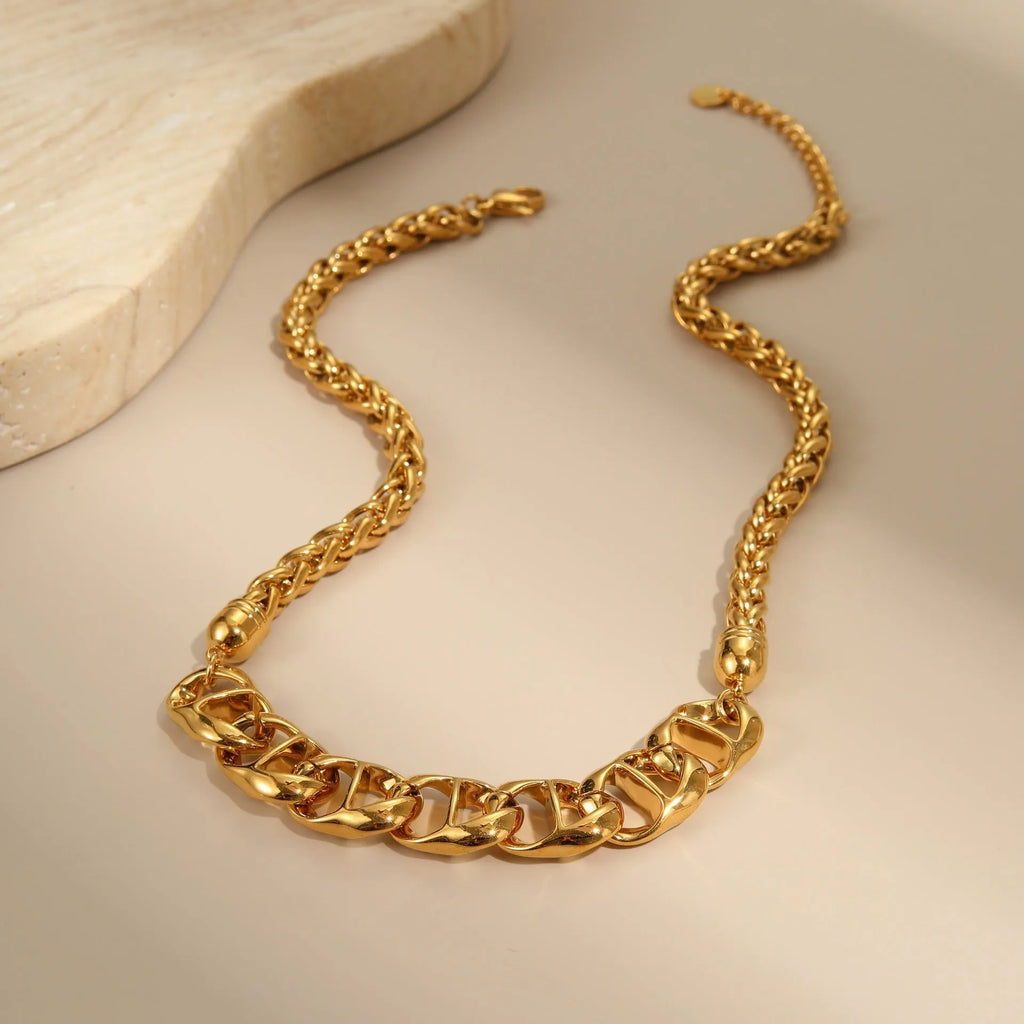 Stainless steel geometric chain necklace with 18K gold plating in gold or steel colour options