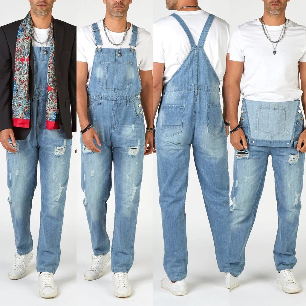 Men's light blue ripped suspender jeans high waist straight leg retro denim trousers button fly
