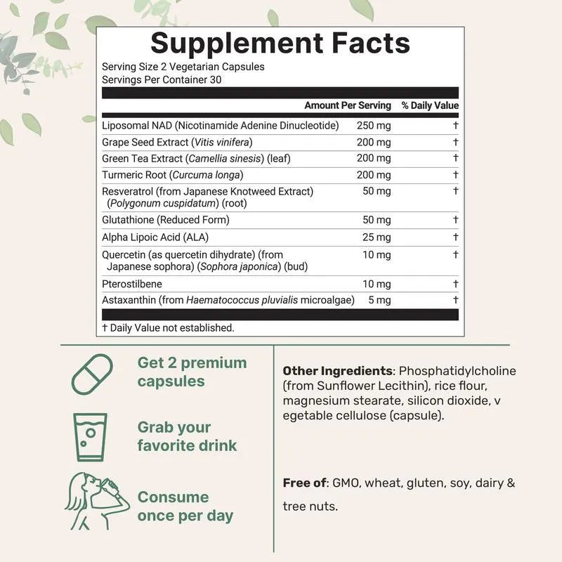 NAD capsules bottle with 60 nicotinamide riboside tablets for cellular energy support