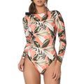 Women's leaf-print backless one-piece swimsuit in polyester fabric on a white background