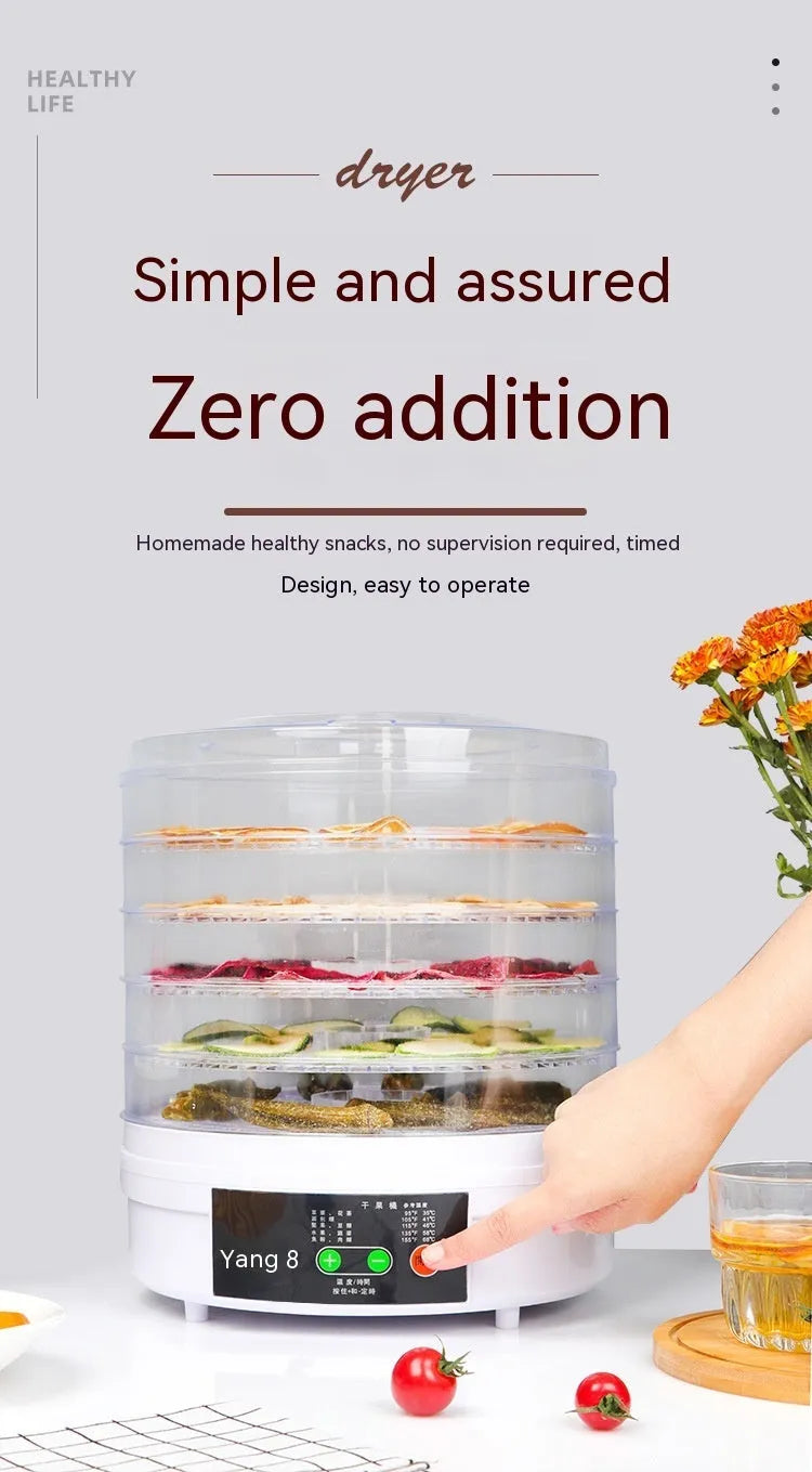 Five-layer stainless steel tray food dehydrator with British plug for home use.