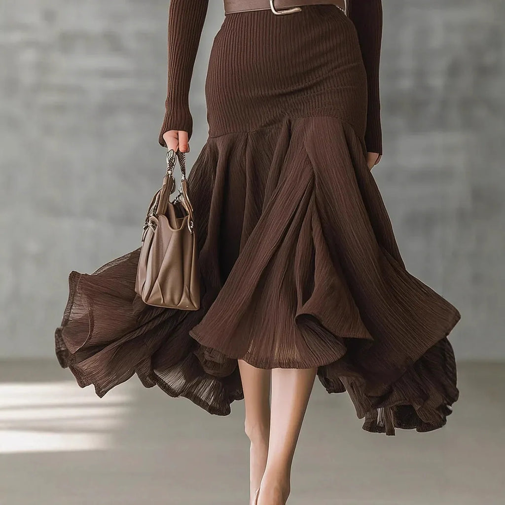Dark brown stitching V-neck long-sleeve dress with high waist, long asymmetric skirt, and large swing shape