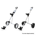 Foldable aluminium alloy golf cart with two wheels, shown with black and white wheels and a push-pull trolley frame.