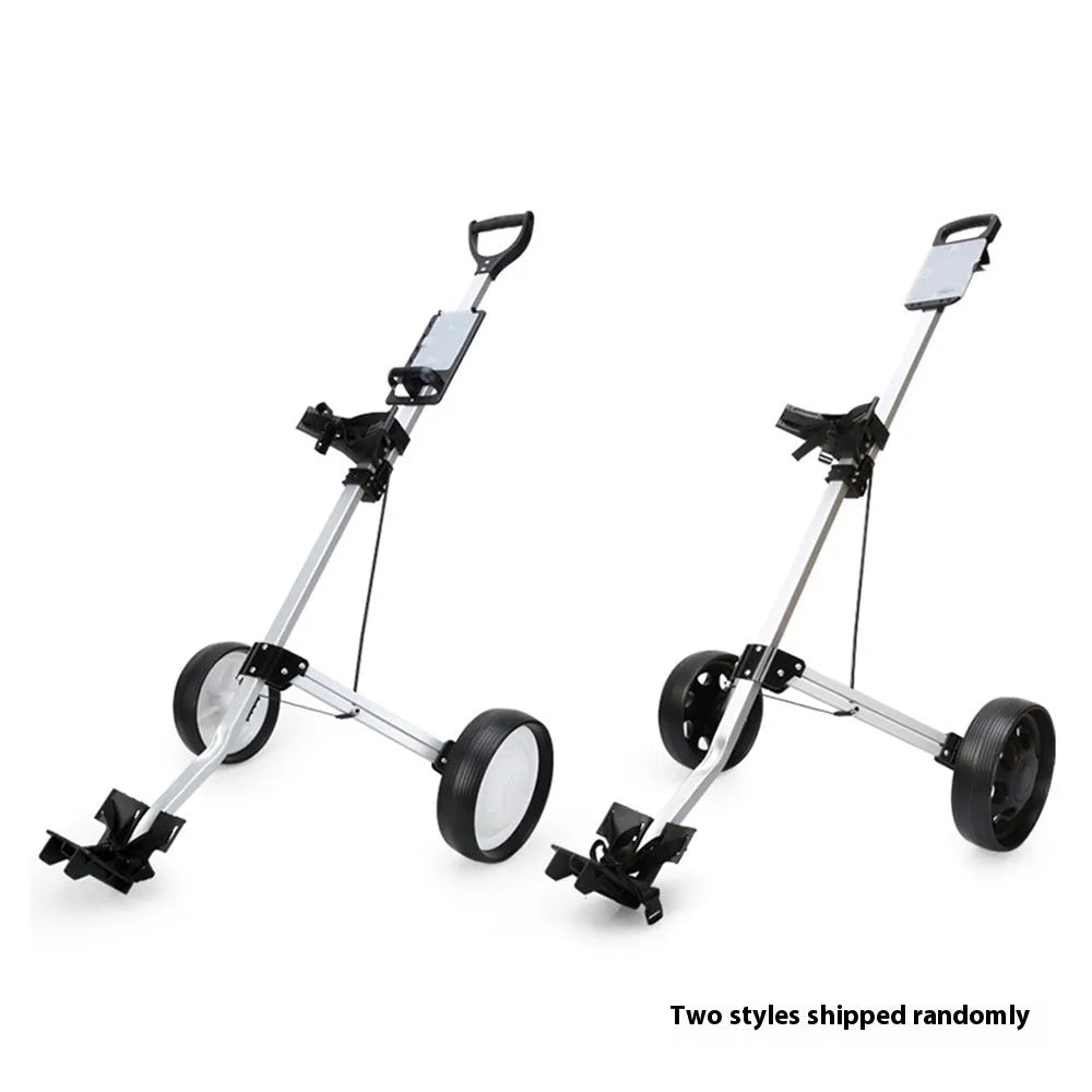 Foldable aluminium alloy golf cart with two wheels, shown with black and white wheels and a push-pull trolley frame.