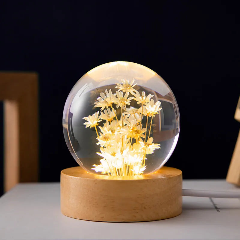 60mm dandelion eternal flower crystal ball night light on a beech wood stand.