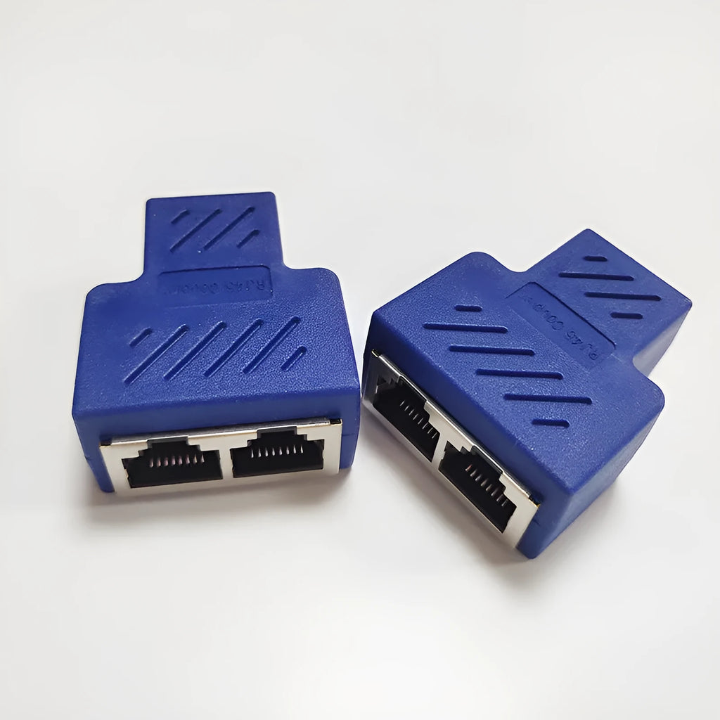 A white RJ45 network splitter adapter with one male and two female Ethernet ports.