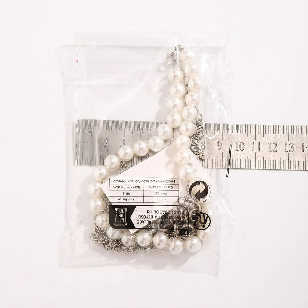 Imitation pearl tassel chain double-layer retro necklace with white K finish and geometric iron pendant