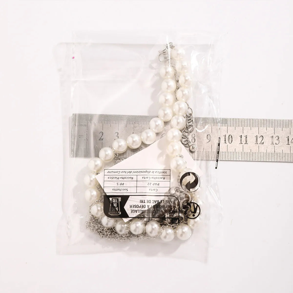 Imitation pearl tassel chain double-layer retro necklace with white K finish and geometric iron pendant