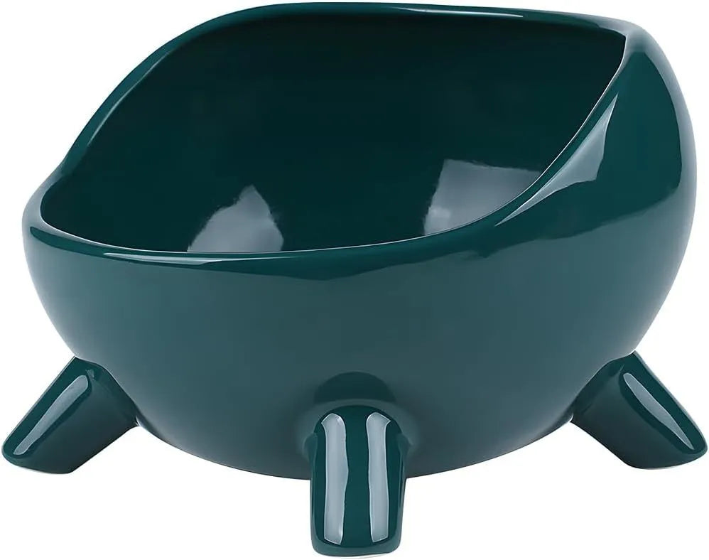 Green ceramic pet bowl with four legs and wide mouth design