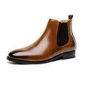 Men's British Retro Chelsea boots in black or brown genuine cowhide leather with fleece lining and low heel