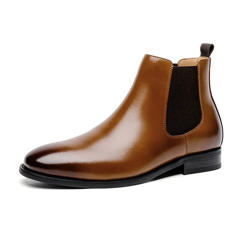 Men's British Retro Chelsea boots in black or brown genuine cowhide leather with fleece lining and low heel