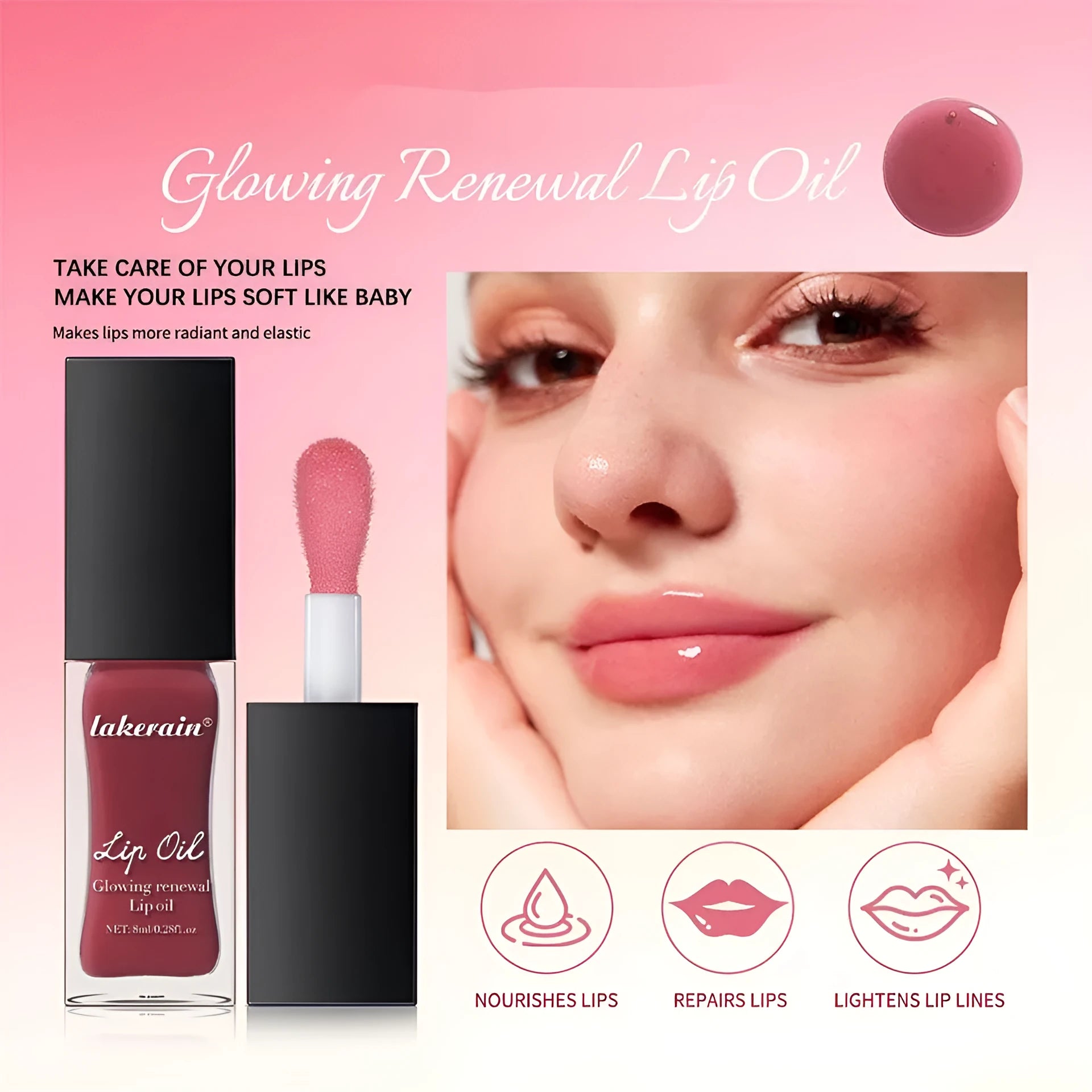 Lip gloss tube showing seven colour options including coral, honey, jam, pink, red, and rose variants