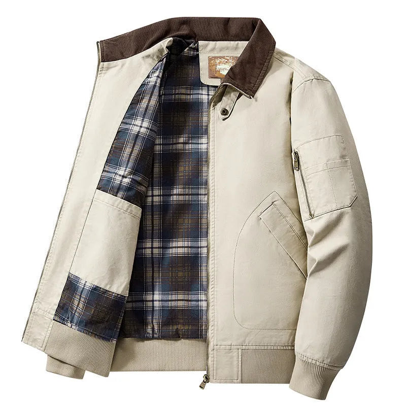 Men's plus size washed cotton baseball flight jacket in army green colour