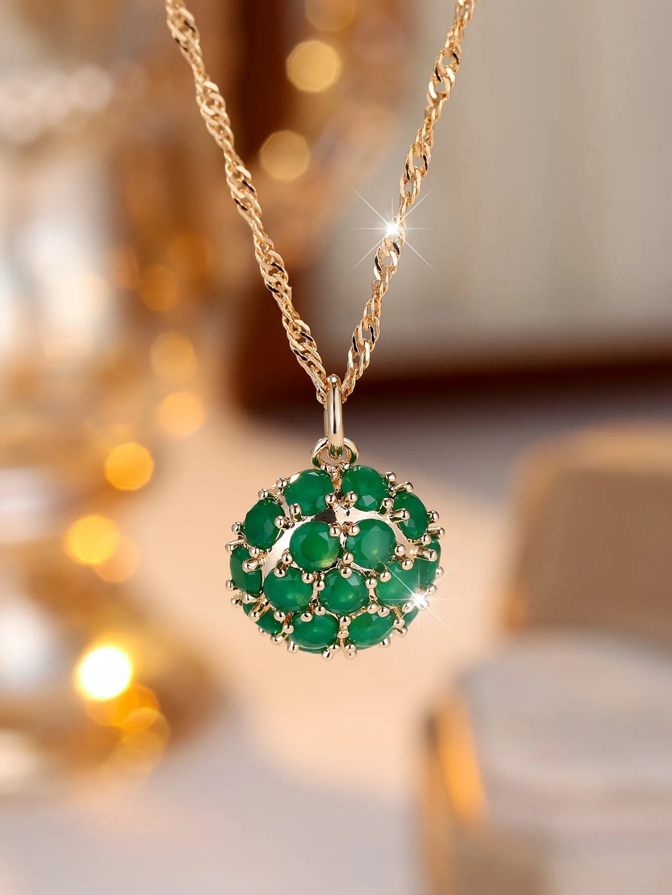 Champagne gold emerald diamond necklace with geometric pendant on adjustable chain