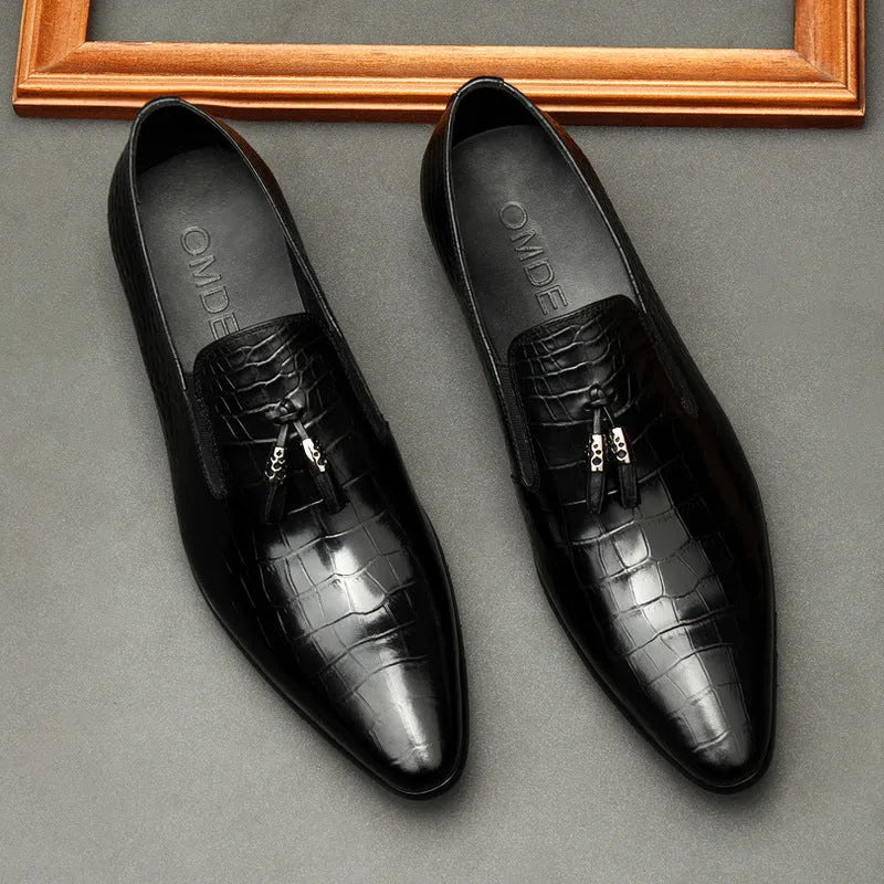 Formal men's black genuine cowhide leather pointed toe dress shoes with rubber sole