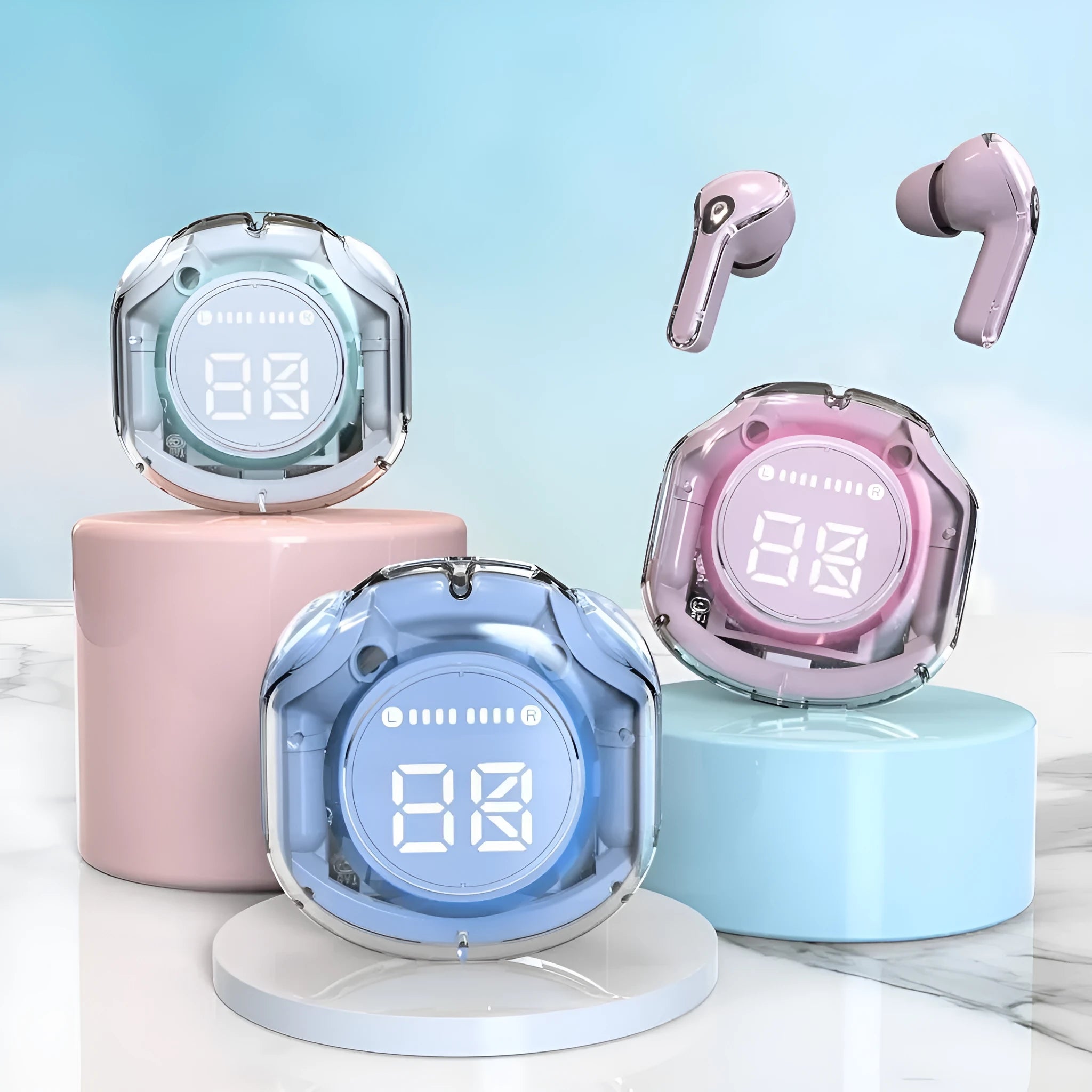 Transparent plastic wireless Bluetooth in-ear headset shown in various colours.